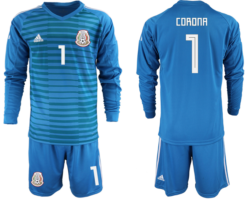 Mexico 1 CORONA Blue 2018 FIFA World Cup Long Sleeve Goalkeeper Soccer Jersey