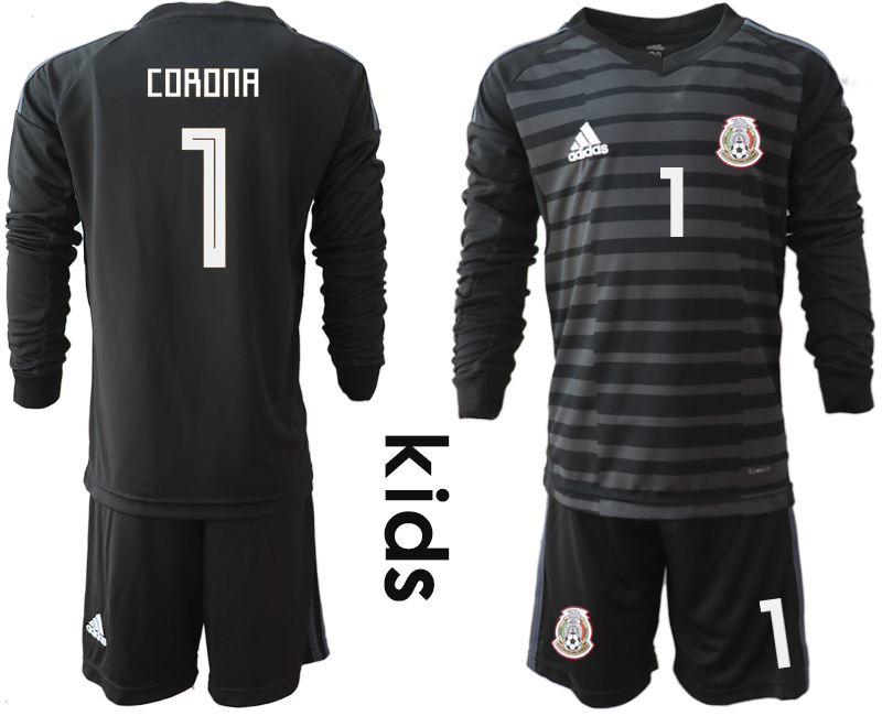 Mexico 1 CORONA Black Youth 2018 FIFA World Cup Long Sleeve Goalkeeper Soccer Jersey