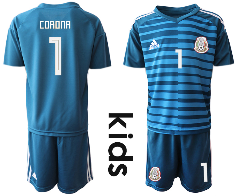 Mexico 1 CORONA Blue Youth 2018 FIFA World Cup Goalkeeper Soccer Jersey
