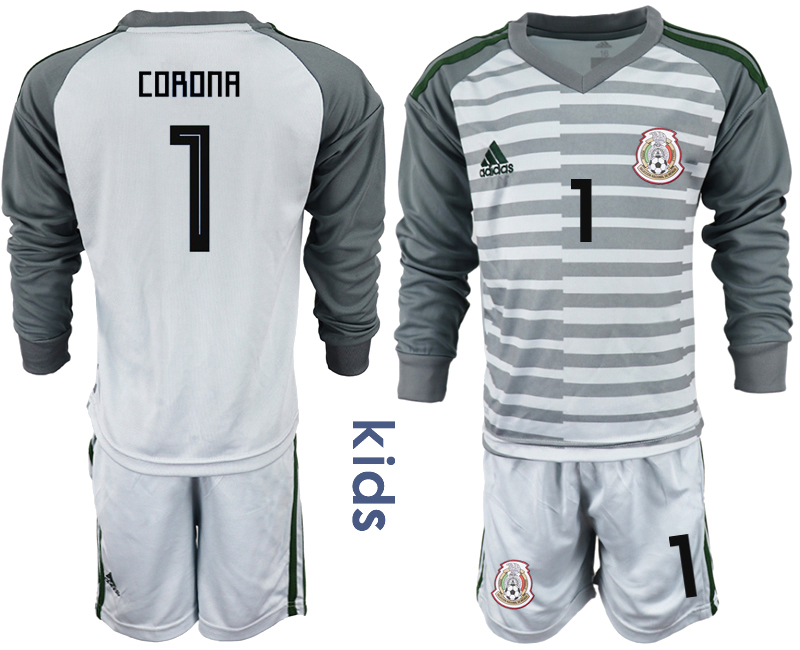 Mexico 1 CORONA Gray Youth 2018 FIFA World Cup Long Sleeve Goalkeeper Soccer Jersey