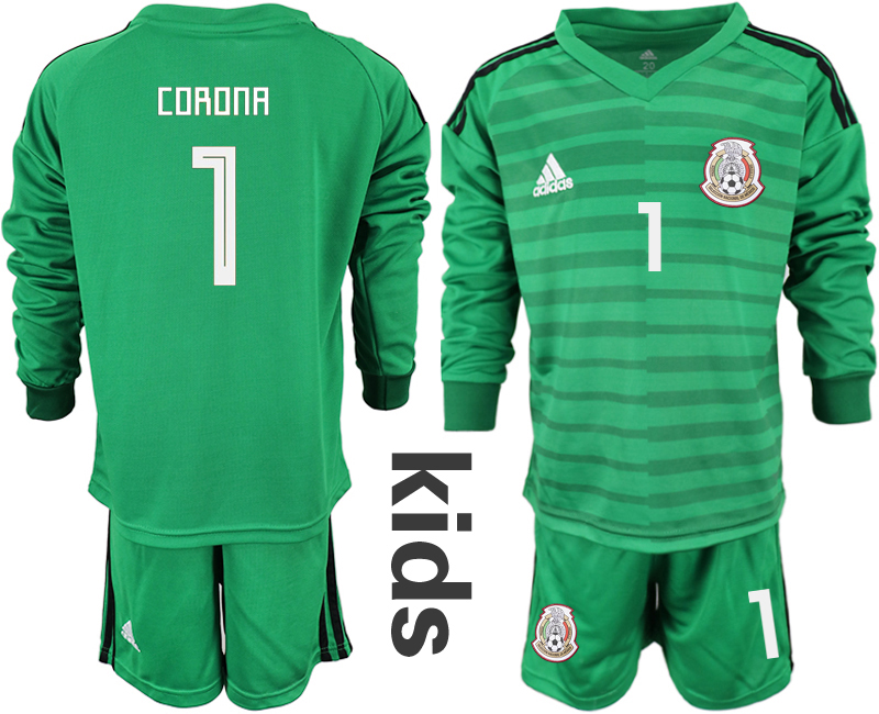 Mexico 1 CORONA Green Youth 2018 FIFA World Cup Long Sleeve Goalkeeper Soccer Jersey