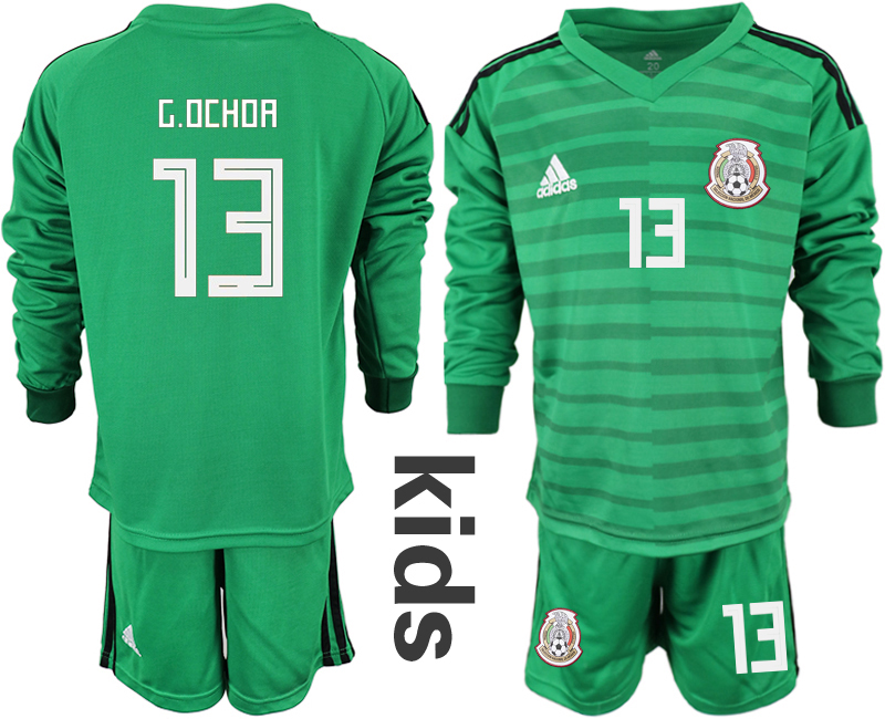 Mexico 13 G.OCHOA Green Youth 2018 FIFA World Cup Long Sleeve Goalkeeper Soccer Jersey