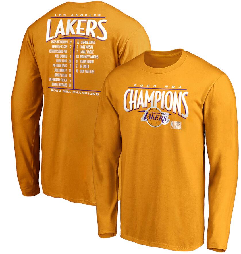 Men's Los Angeles Lakers Gold 2020 NBA Finals Champions Streaking Dunk Roster Long Sleeve T-Shirt