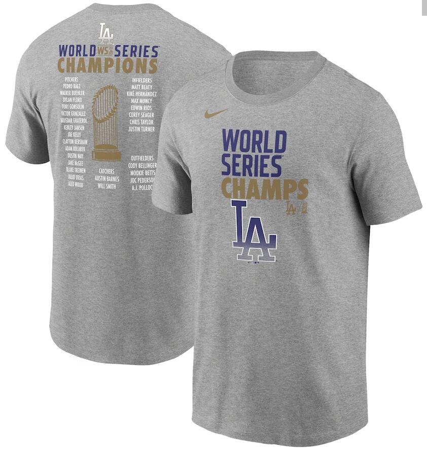 Men's Los Angeles Dodgers Nike Heather Gray 2020 World Series Champions Roster T-Shirt