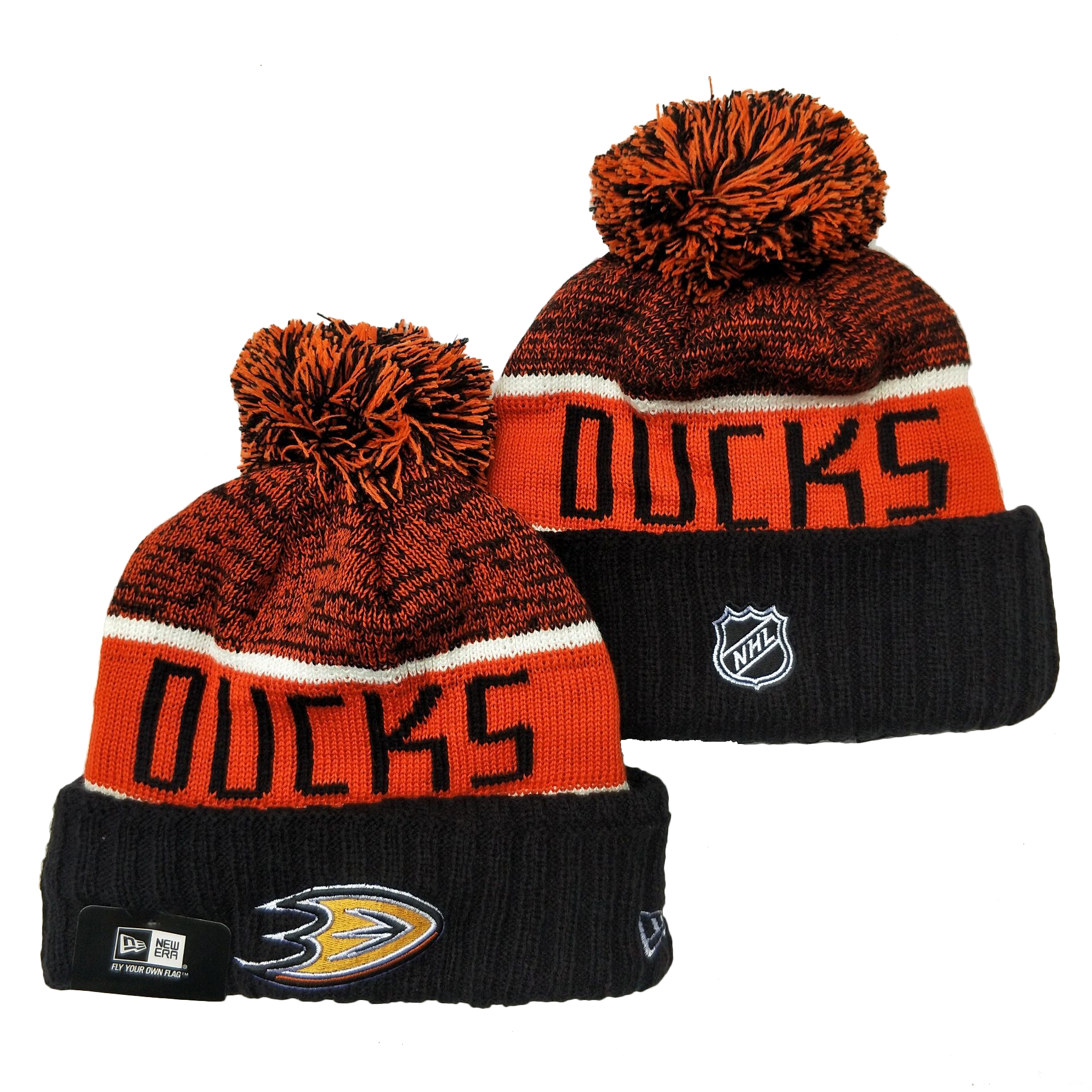Ducks Team Logo Orange Black Pom Cuffed Knit Hat YD