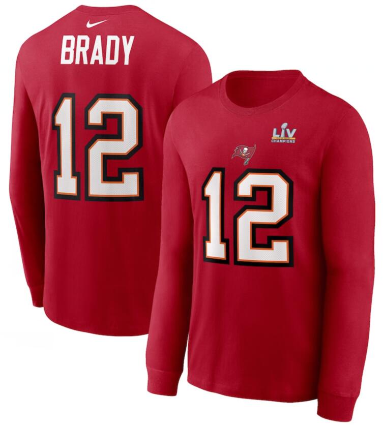 Men's Tampa Bay Buccaneers Tom Brady Nike Red Super Bowl LV Champions Name & Number Long Sleeve T-Shirt