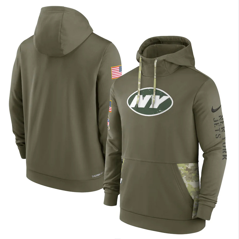 Men's New York Jets Nike Olive 2022 Salute to Service Therma Performance Pullover Hoodie