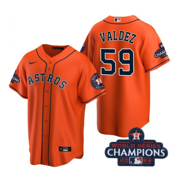 Astros 59 Framber Valdez Orange 2022 World Series Champions Cool Base Jersey