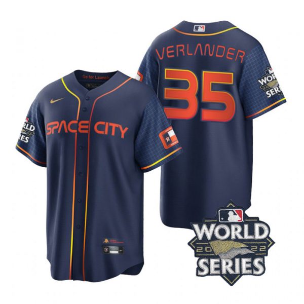 Astros 35 Justin Verlander Navy Nike 2022 World Series City Connect Cool Base Jersey