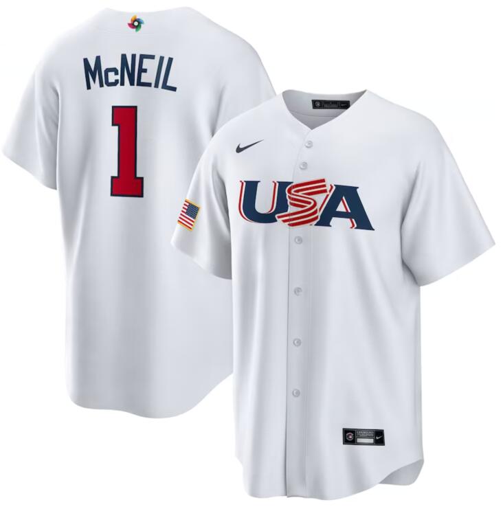 USA 1 Jeff McNeil White Nike 2023 World Baseball Classic Jersey