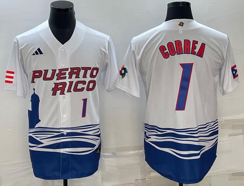 Men's Puerto Rico 1 Carlos Correa White 2023 World Baseball Series Jerseys