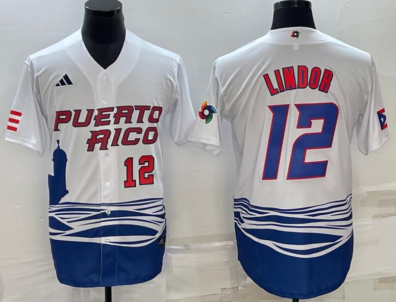 Men's Puerto Rico 12 Francisco Lindor White 2023 World Baseball Series Jerseys