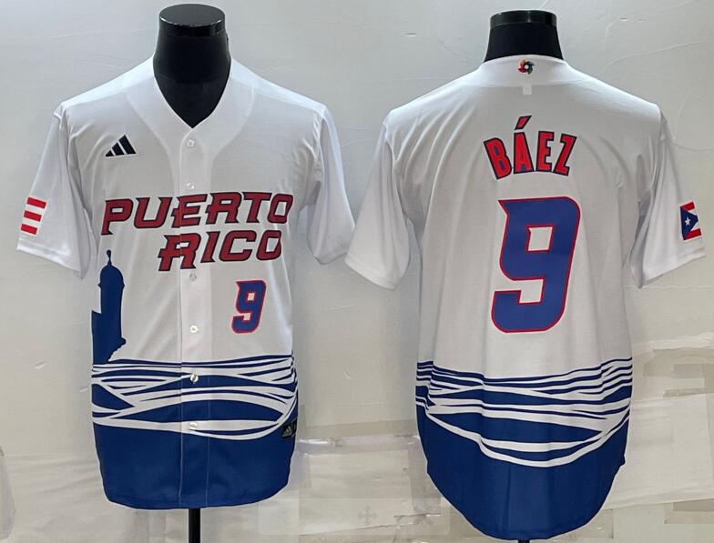 Men's Puerto Rico 9 Javier Baez White 2023 World Baseball Classic Jerseys