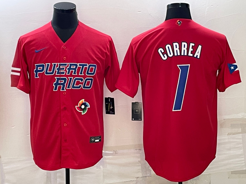 Men's Puerto Rico 1 Carlos Correa Red 2023 World Baseball Series Jersey