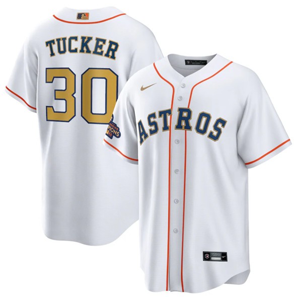 Astros 30 Kyle Tucker White Gold Nike 2023 Gold Collection Cool Base Jersey
