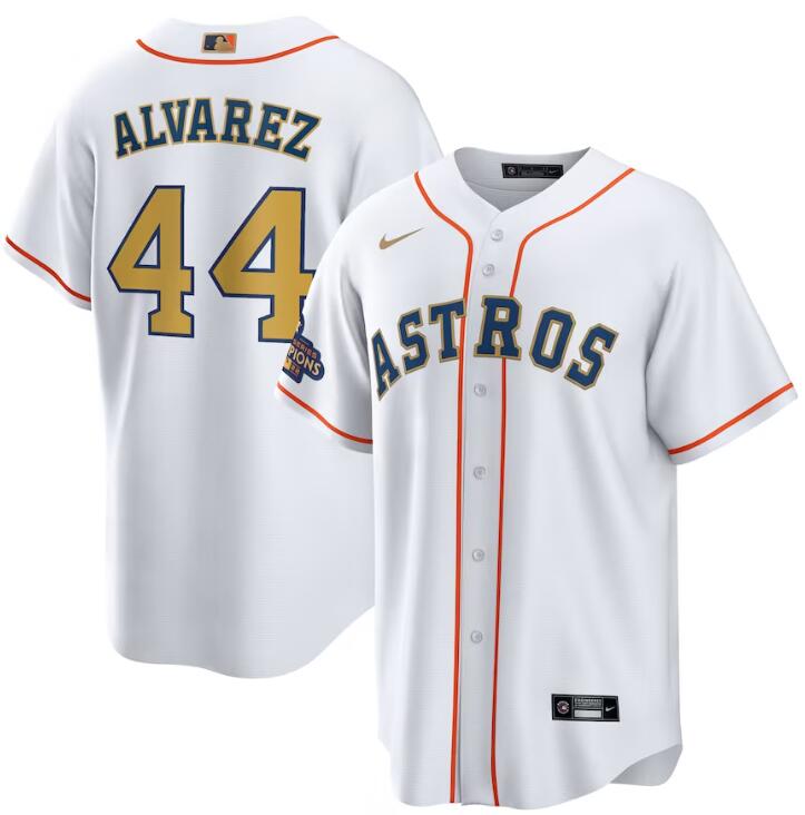 Astros 44 Yordan Alvarez White Gold Nike 2023 Gold Collection Cool Base Jersey