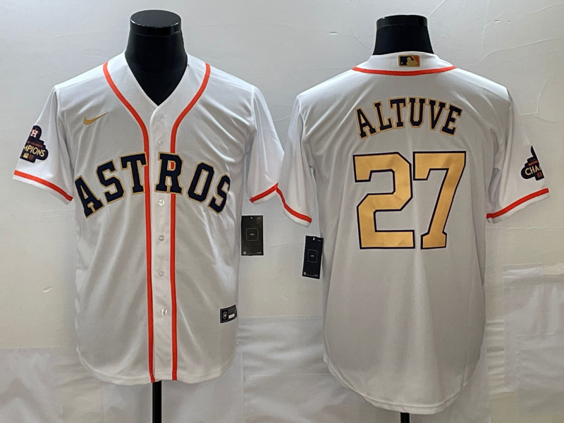 Astros 27 Jose Altuve White Gold Nike 2023 Gold Collection Cool Base Jersey