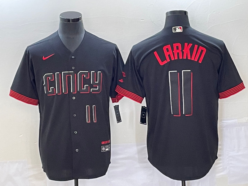Reds 11 Barry Larkin Number Black Nike 2023 City Connect Cool Base Jersey