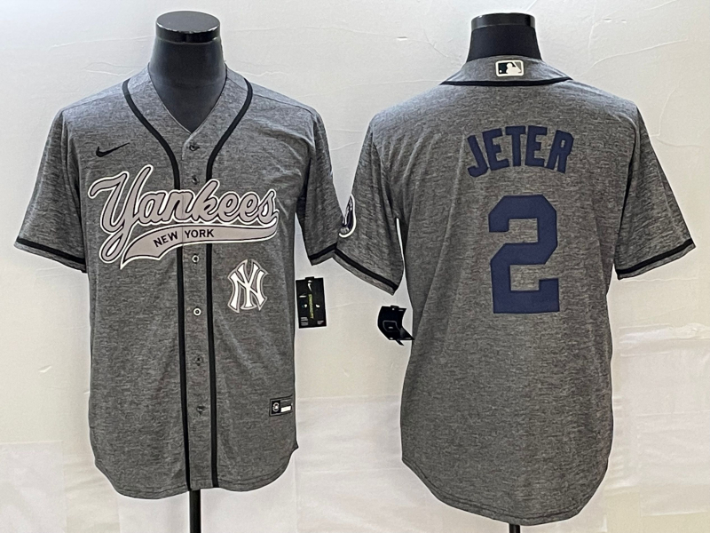 Yankees 2 Derek Jeter Logo Gray Gridiron Cool Base Jersey