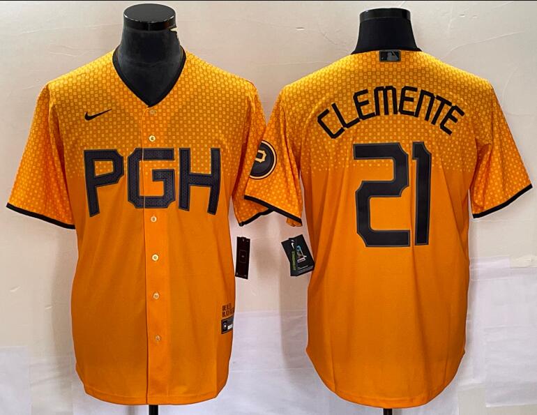 Pirates 21 Roberto Clemente Gold Nike 2023 City Connect Cool Base Jersey