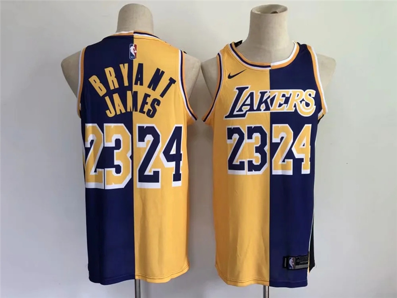 Lakers 23 & 24 Bryant & James Yellow Purple Split Swingman Jersey