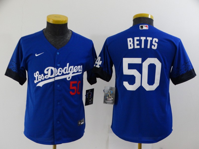 Dodgers 50 Mookie Betts Royal Youth 2021 City Connect Cool Base Jersey