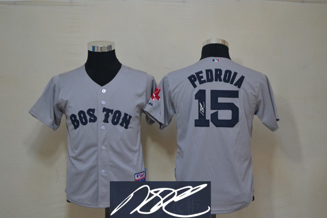 Red Sox 15 Pedroia Grey Signature Edition Youth Jerseys
