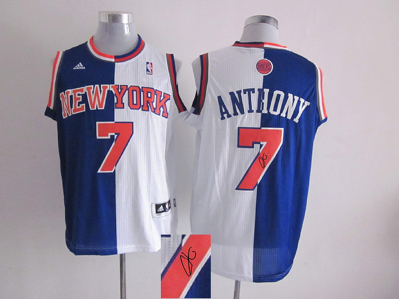 Knicks 7 Anthony Blue & White Split Signature Edition Jerseys